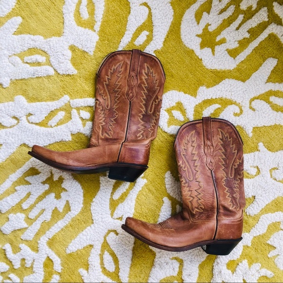 Old West Shoes - Old West Brown Leather Cowgirl Boots Snip Toe